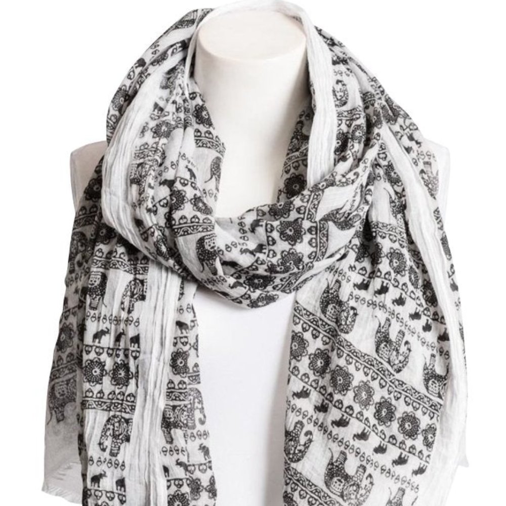 Black & White Lightweight Elephant Boho Scarf